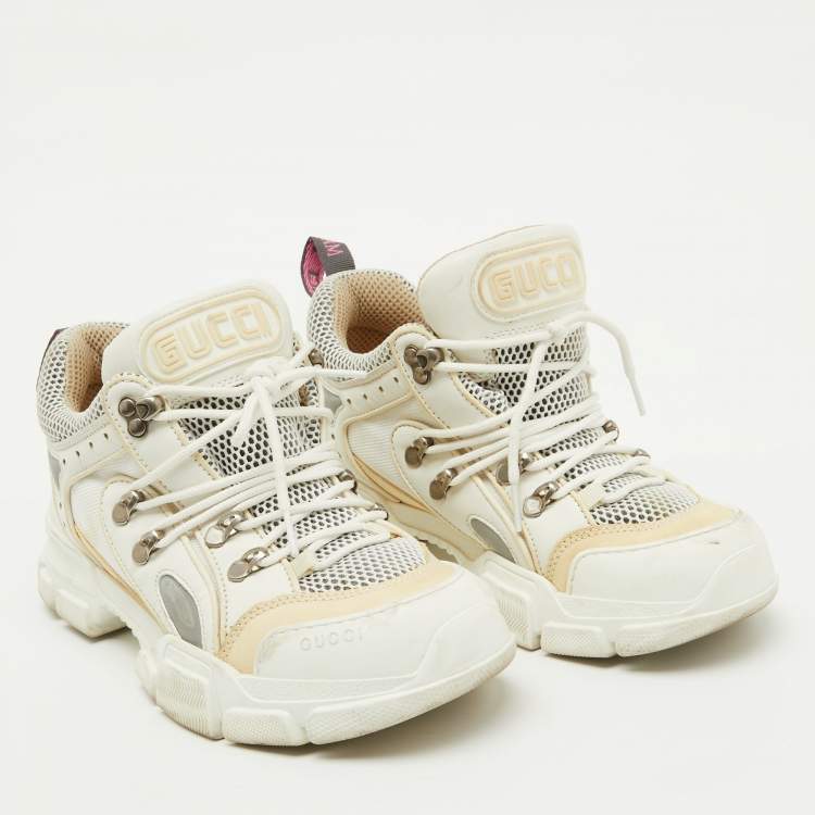 Pre Owned Gucci White/Cream Mesh and Leather Logo Flashtrek Sneakers Size 39