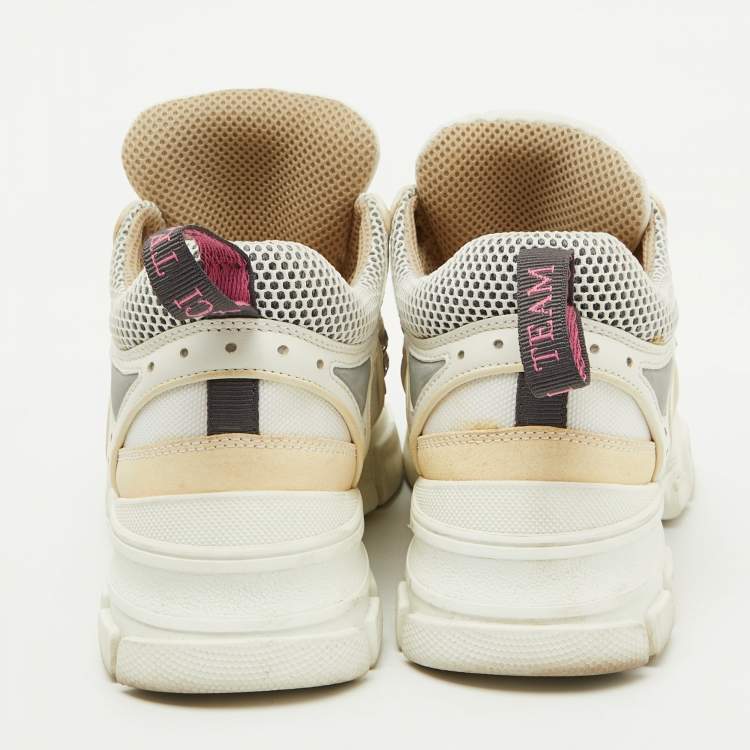 Pre Owned Gucci White/Cream Mesh and Leather Logo Flashtrek Sneakers Size 39