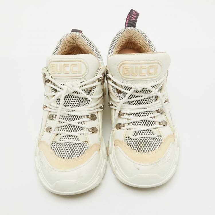 Pre Owned Gucci White/Cream Mesh and Leather Logo Flashtrek Sneakers Size 39
