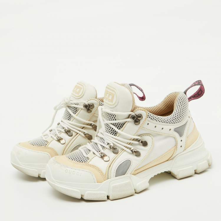 Pre Owned Gucci White/Cream Mesh and Leather Logo Flashtrek Sneakers Size 39
