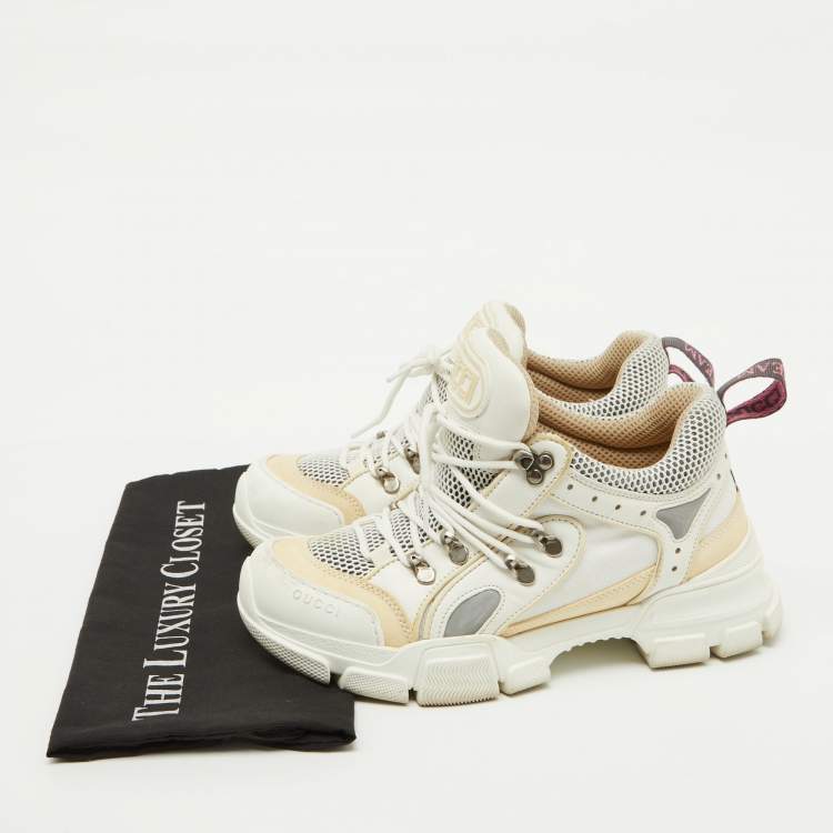 Pre Owned Gucci White/Cream Mesh and Leather Logo Flashtrek Sneakers Size 39