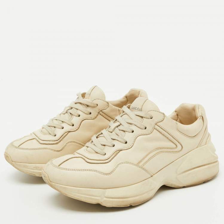 Pre Owned Gucci Cream Leather Rhyton Lace Up Sneakers Size 38