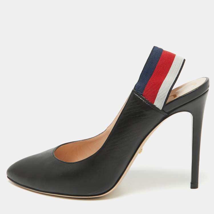 Pre Owned Gucci Black Leather Sylvie Web Detail Slingback Pumps Size 39.5