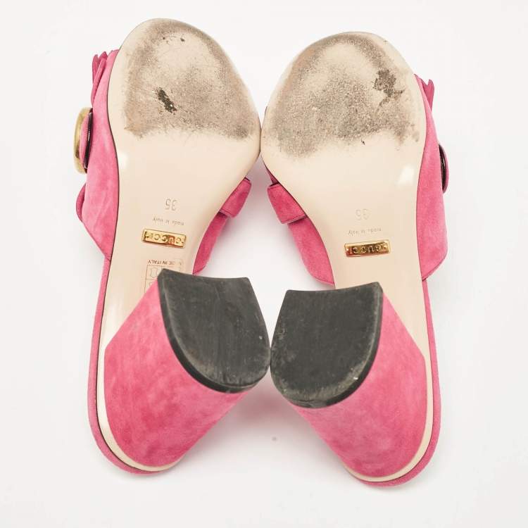 Pre Owned Gucci Pink Suede Double G Fringe Details Block Heel Slide Sandals Size 35