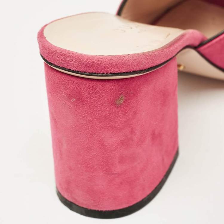 Pre Owned Gucci Pink Suede Double G Fringe Details Block Heel Slide Sandals Size 35