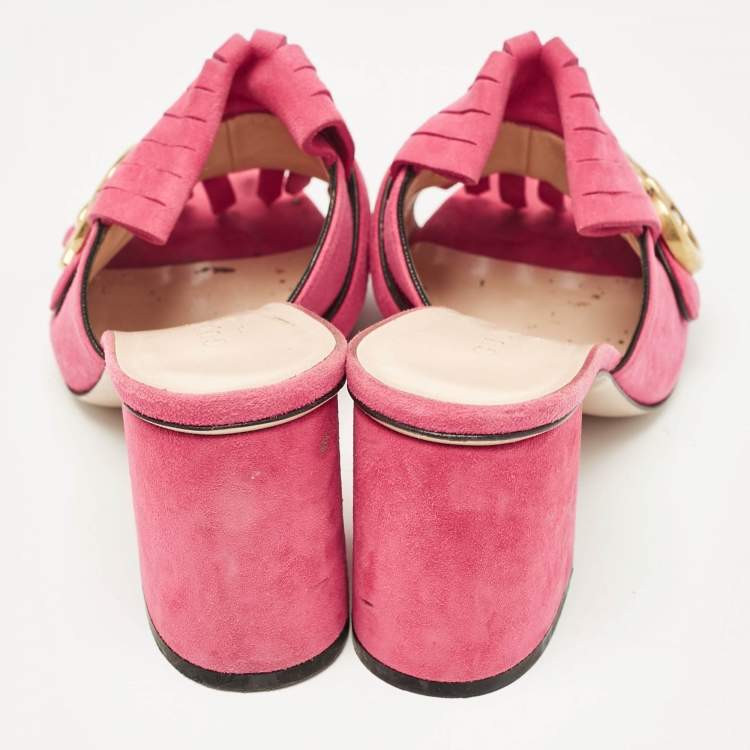 Pre Owned Gucci Pink Suede Double G Fringe Details Block Heel Slide Sandals Size 35