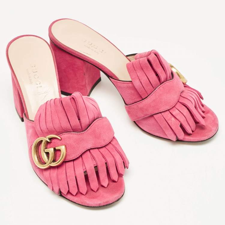 Pre Owned Gucci Pink Suede Double G Fringe Details Block Heel Slide Sandals Size 35