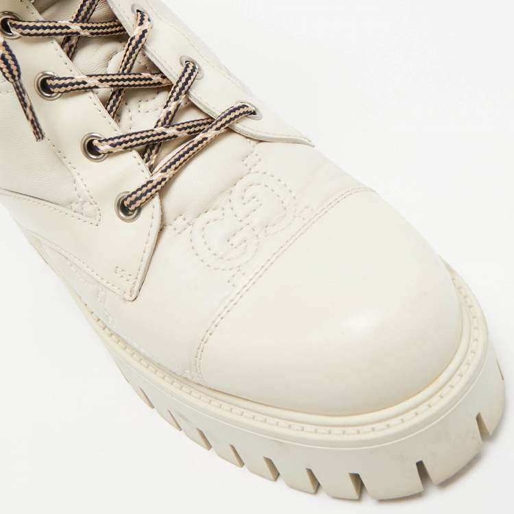 Pre Owned Gucci Cream Leather GG Matelassé Combat Ankle Boots Size 36
