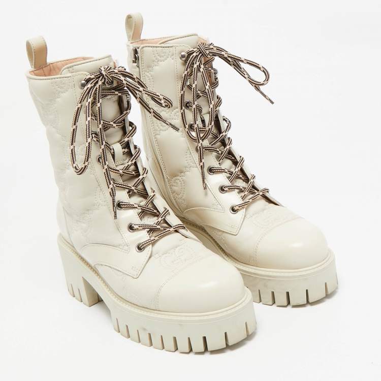Pre Owned Gucci Cream Leather GG Matelassé Combat Ankle Boots Size 36
