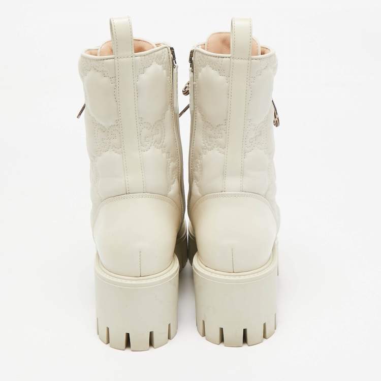 Pre Owned Gucci Cream Leather GG Matelassé Combat Ankle Boots Size 36