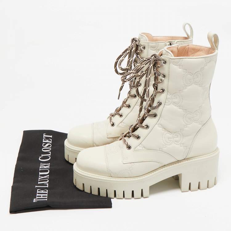 Pre Owned Gucci Cream Leather GG Matelassé Combat Ankle Boots Size 36
