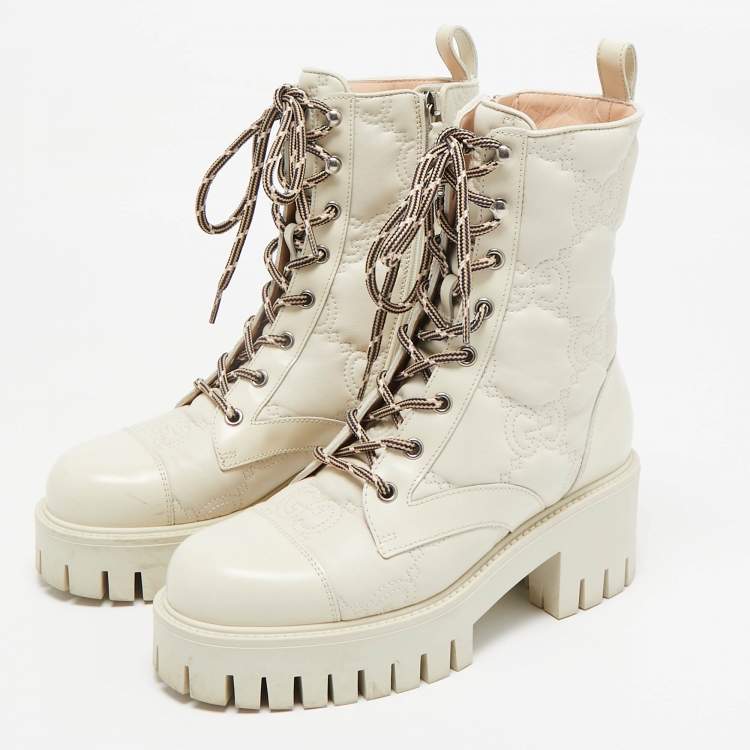 Pre Owned Gucci Cream Leather GG Matelassé Combat Ankle Boots Size 36