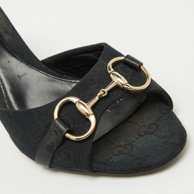 Pre Owned Gucci Navy Blue GG Canvas Horsebit Slide Sandals Size 40.5