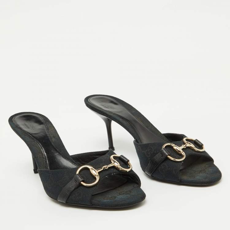 Pre Owned Gucci Navy Blue GG Canvas Horsebit Slide Sandals Size 40.5