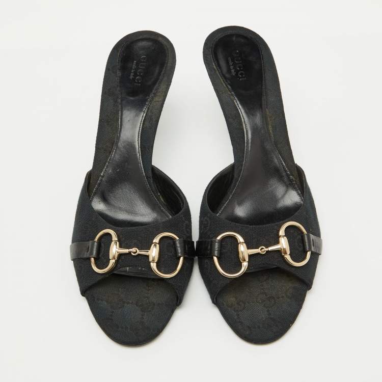 Pre Owned Gucci Navy Blue GG Canvas Horsebit Slide Sandals Size 40.5