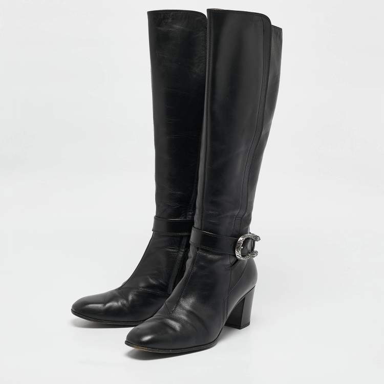 Pre Owned Gucci Black Leather Elizabeth Knee Length Boots Size 42