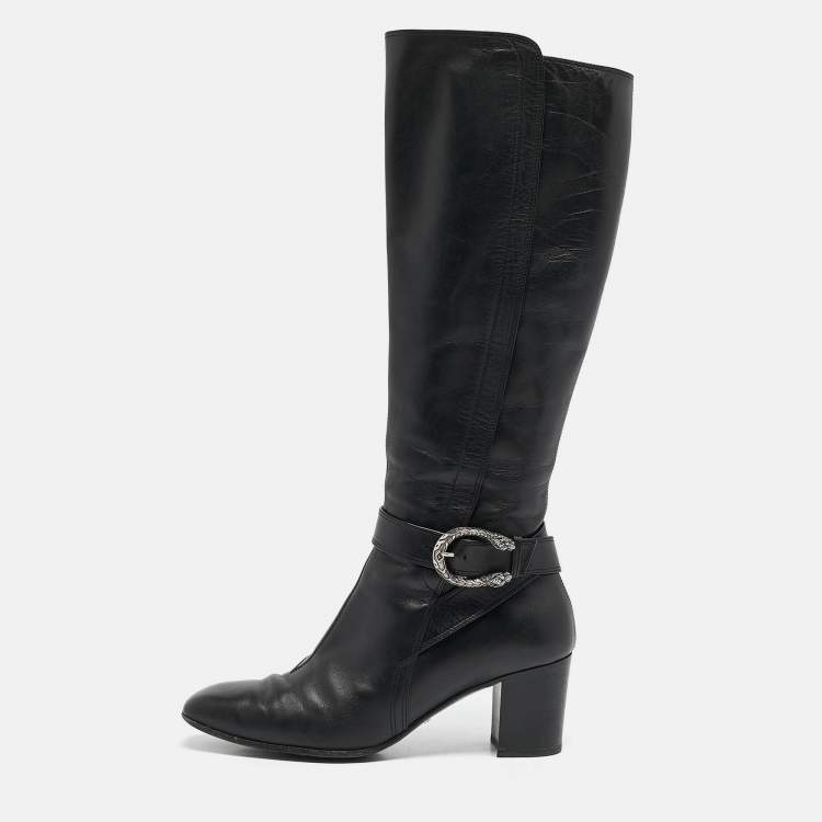 Pre Owned Gucci Black Leather Elizabeth Knee Length Boots Size 42
