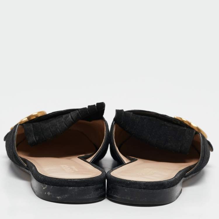 مملوكة مسبقًا Gucci Black Suede GG Marmont Fringe Flat Mules Size 38.5