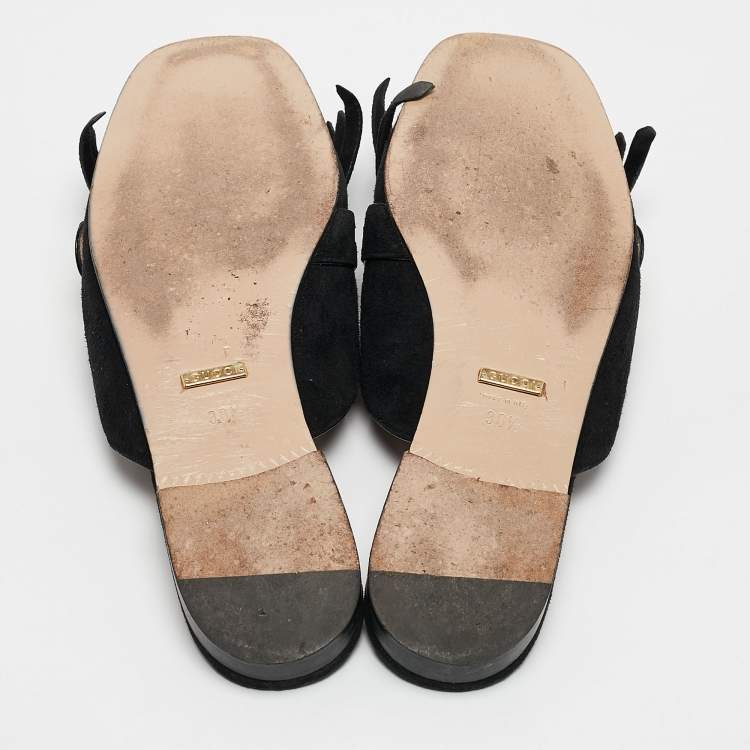 مملوكة مسبقًا Gucci Black Suede GG Marmont Fringe Flat Mules Size 38.5