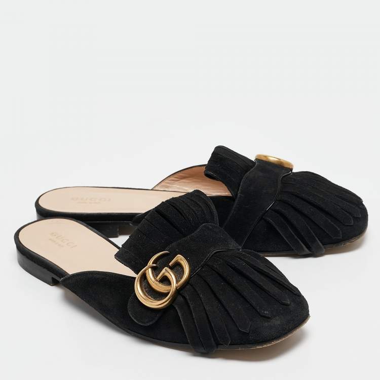 مملوكة مسبقًا Gucci Black Suede GG Marmont Fringe Flat Mules Size 38.5