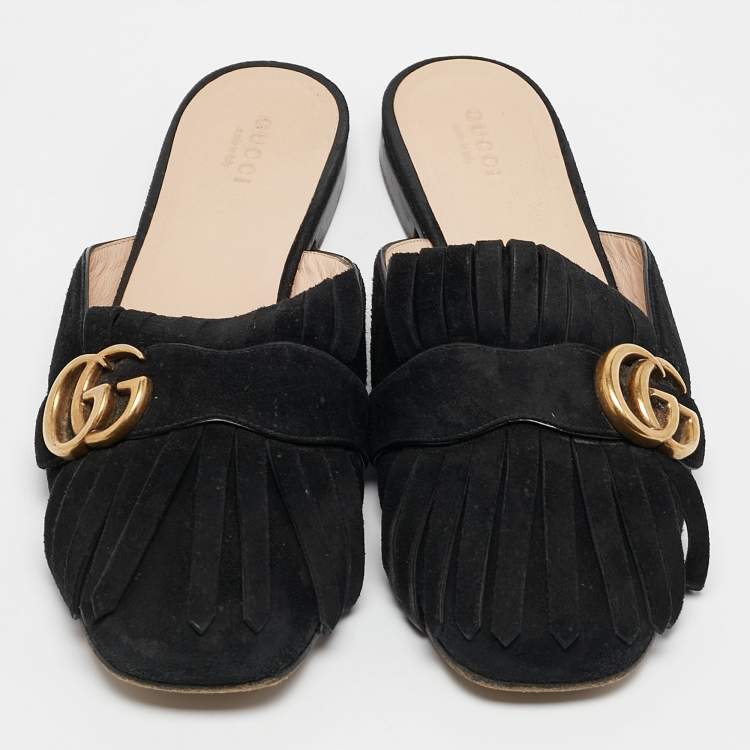 مملوكة مسبقًا Gucci Black Suede GG Marmont Fringe Flat Mules Size 38.5