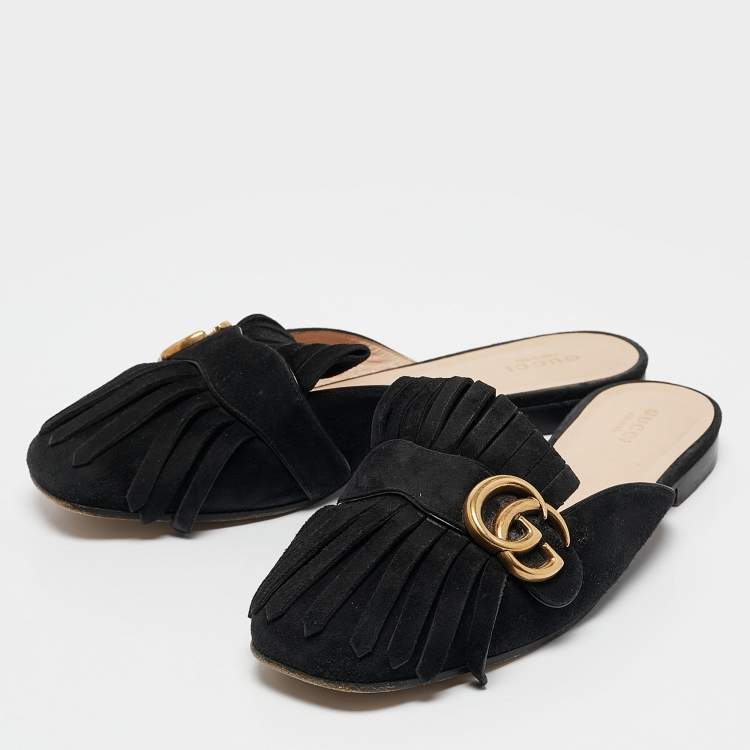 مملوكة مسبقًا Gucci Black Suede GG Marmont Fringe Flat Mules Size 38.5