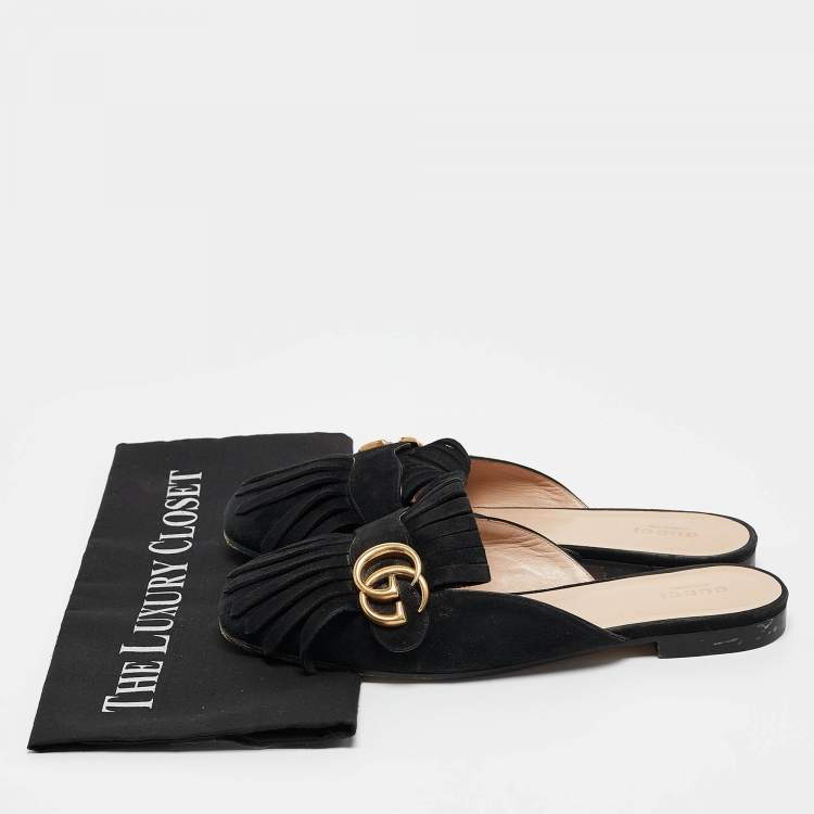 مملوكة مسبقًا Gucci Black Suede GG Marmont Fringe Flat Mules Size 38.5