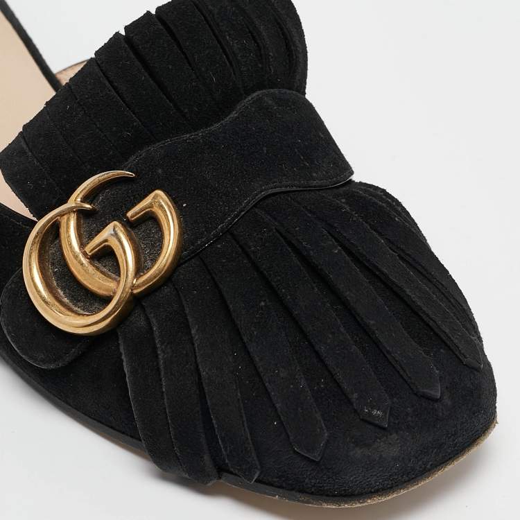 مملوكة مسبقًا Gucci Black Suede GG Marmont Fringe Flat Mules Size 38.5