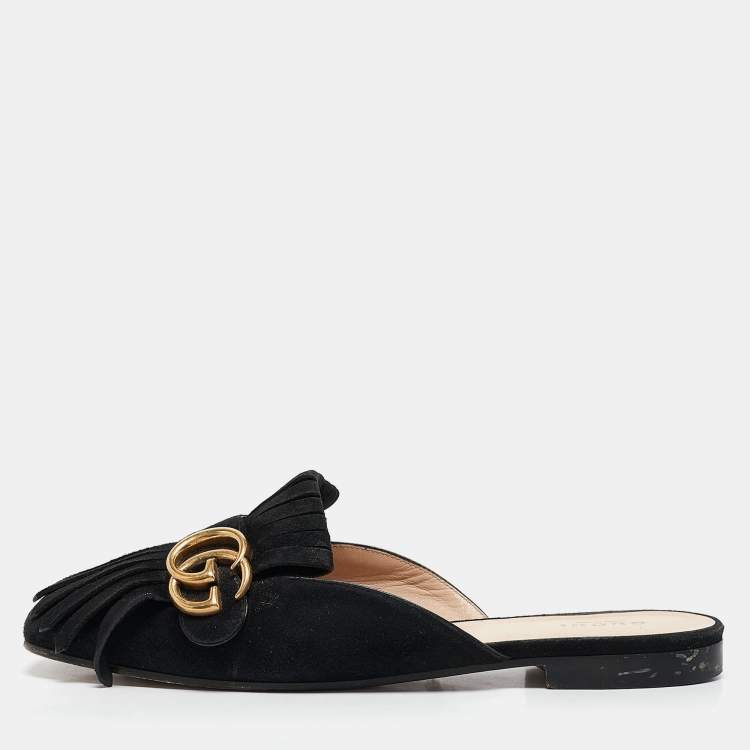 مملوكة مسبقًا Gucci Black Suede GG Marmont Fringe Flat Mules Size 38.5