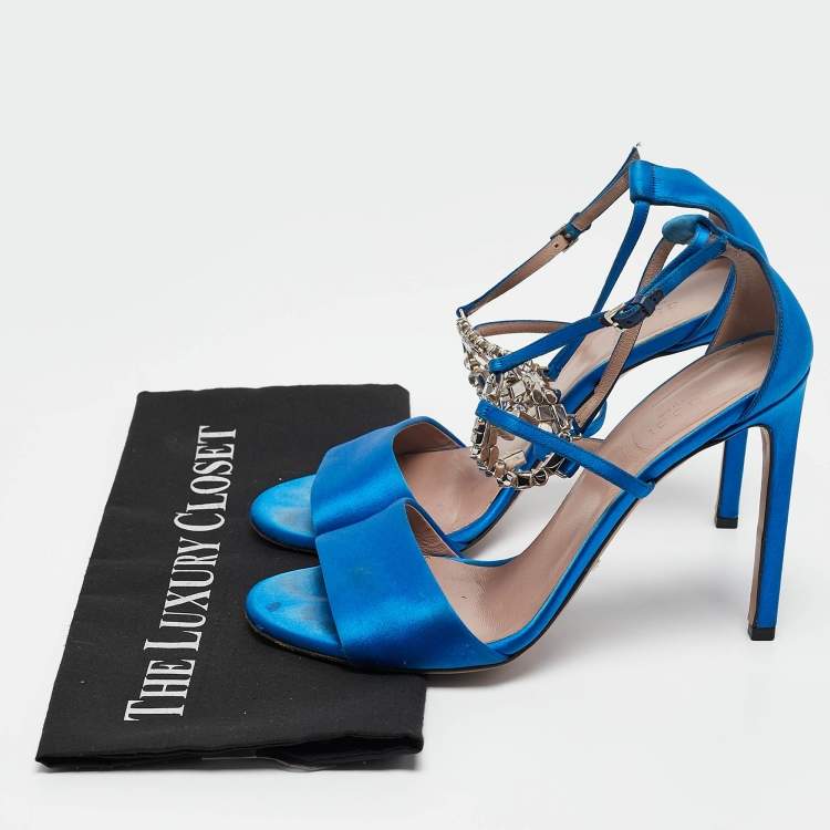 Pre Owned Gucci Blue Satin Crystal Embellished Interlocking G Ankle Strap Sandals Size 39