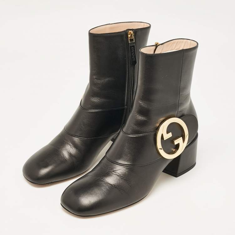 Pre Owned Gucci Black Leather GG Blondie Ankle Boots Size 38