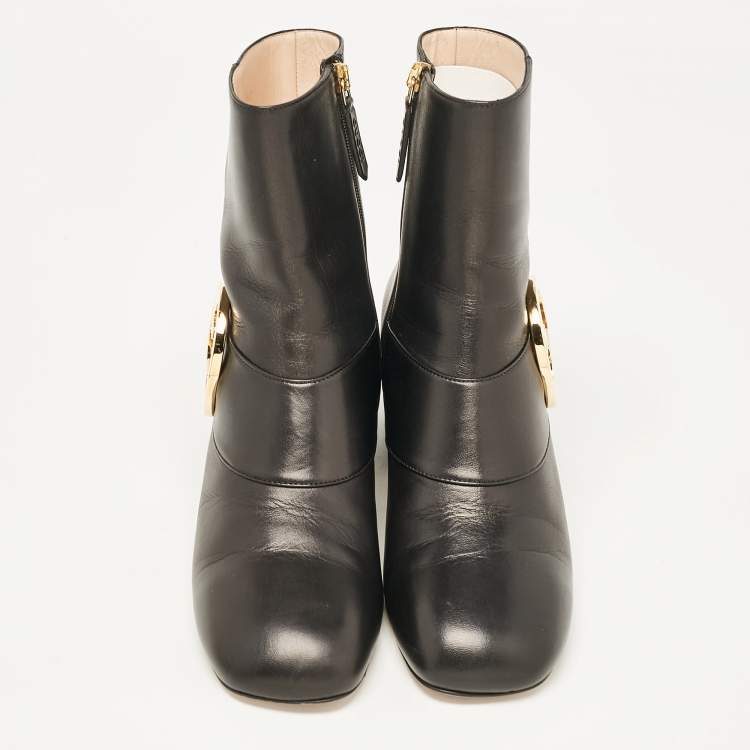 Pre Owned Gucci Black Leather GG Blondie Ankle Boots Size 38