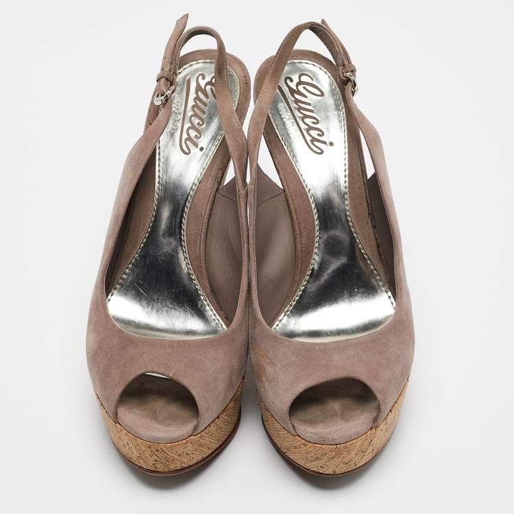 Pre Owned Gucci Mauve Suede Cork Wedge Sandals Size 38