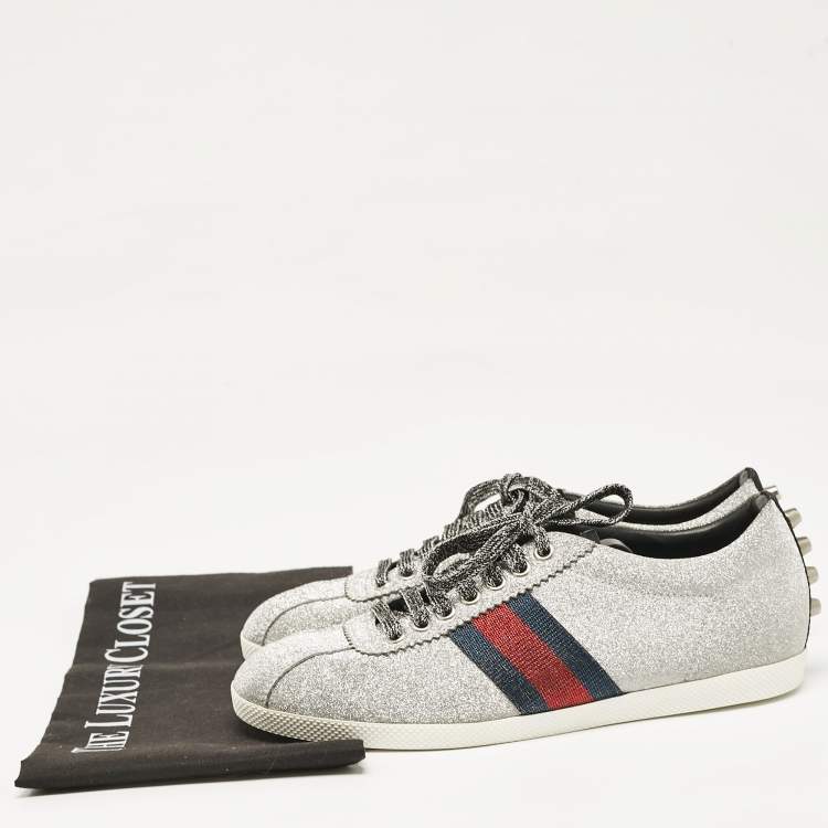 Pre Owned Gucci Silver Glitter Web Bambi Sneakers Size 38.5