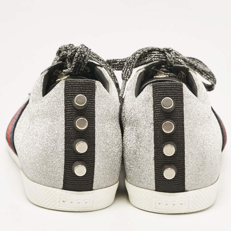 Pre Owned Gucci Silver Glitter Web Bambi Sneakers Size 38.5