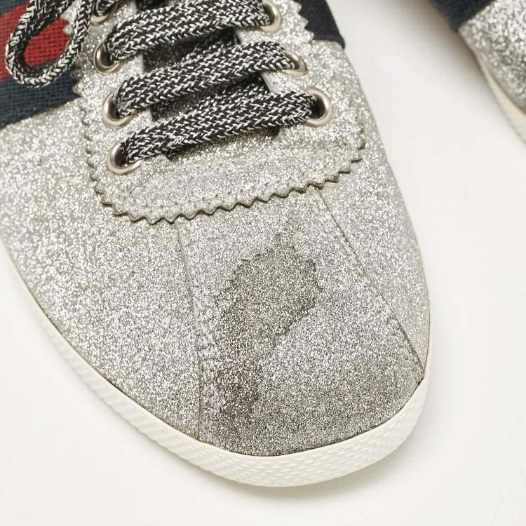 Pre Owned Gucci Silver Glitter Web Bambi Sneakers Size 38.5
