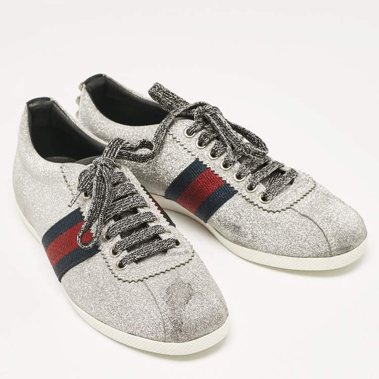 Pre Owned Gucci Silver Glitter Web Bambi Sneakers Size 38.5