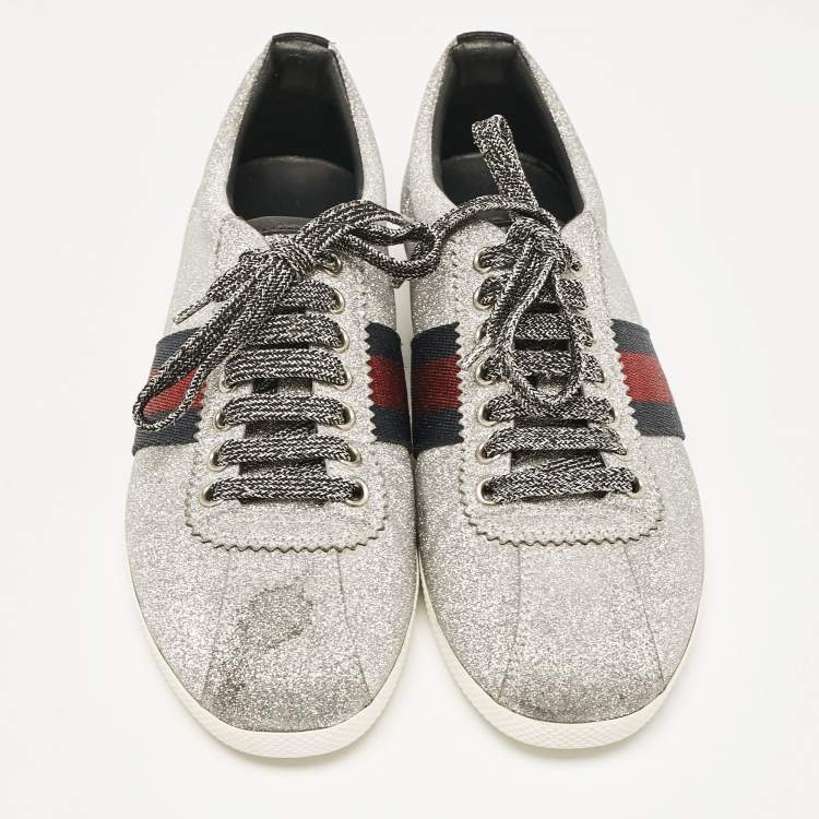 Pre Owned Gucci Silver Glitter Web Bambi Sneakers Size 38.5