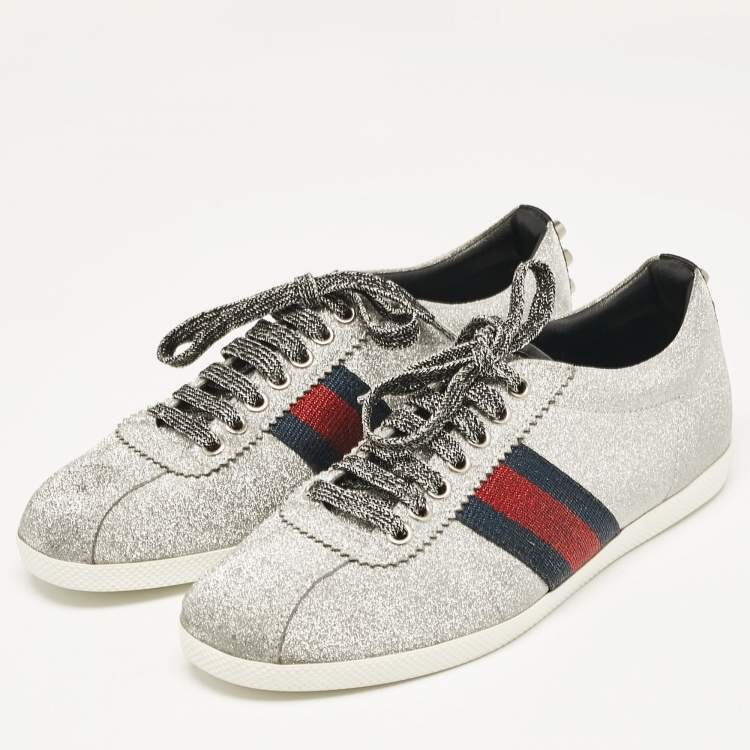 Pre Owned Gucci Silver Glitter Web Bambi Sneakers Size 38.5