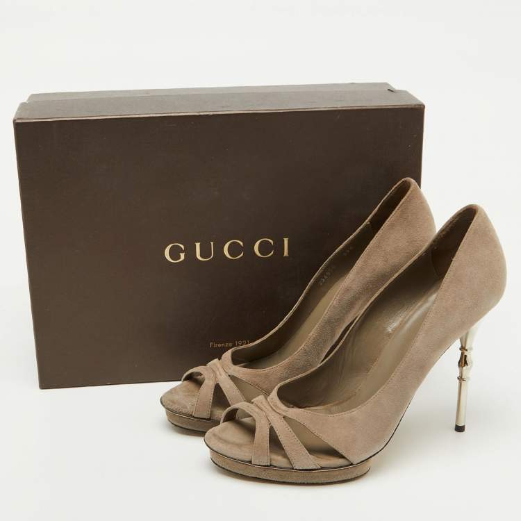 Pre Owned Gucci Grey Suede Bamboo Heel Open Toe Pumps Size 39.5