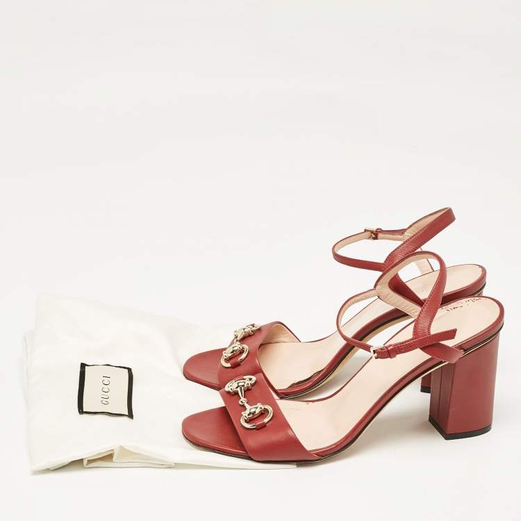 Pre Owned Gucci Red Leather Claudie Ankle Strap Sandals Size 38.5