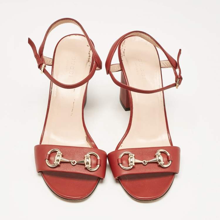 Pre Owned Gucci Red Leather Claudie Ankle Strap Sandals Size 38.5