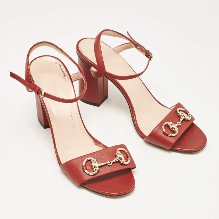 Pre Owned Gucci Red Leather Claudie Ankle Strap Sandals Size 38.5
