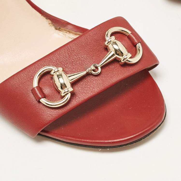 Pre Owned Gucci Red Leather Claudie Ankle Strap Sandals Size 38.5
