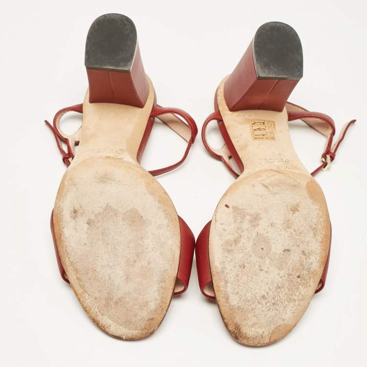 Pre Owned Gucci Red Leather Claudie Ankle Strap Sandals Size 38.5