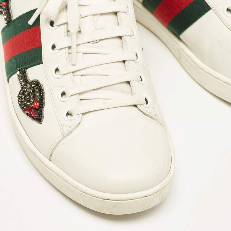 Pre Owned Gucci White Leather and Snakeskin Embossed Leather Ace Lace Up Sneakers Size 38