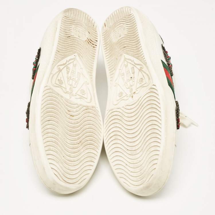 Pre Owned Gucci White Leather and Snakeskin Embossed Leather Ace Lace Up Sneakers Size 38