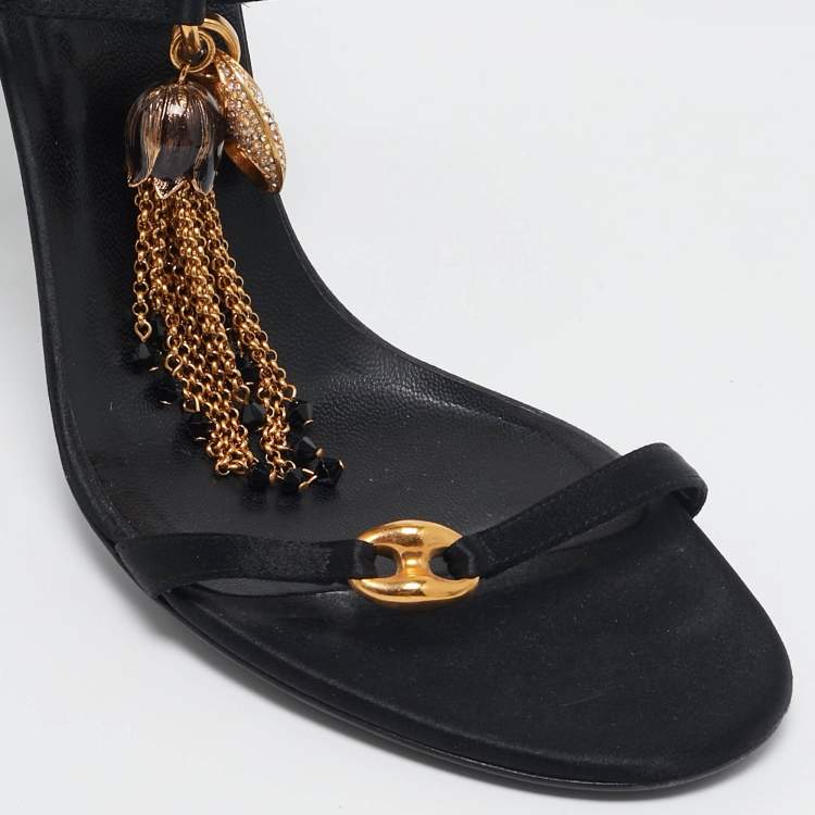 Pre Owned Gucci Black Satin Embellished Ankle Strap Sandals Size 40