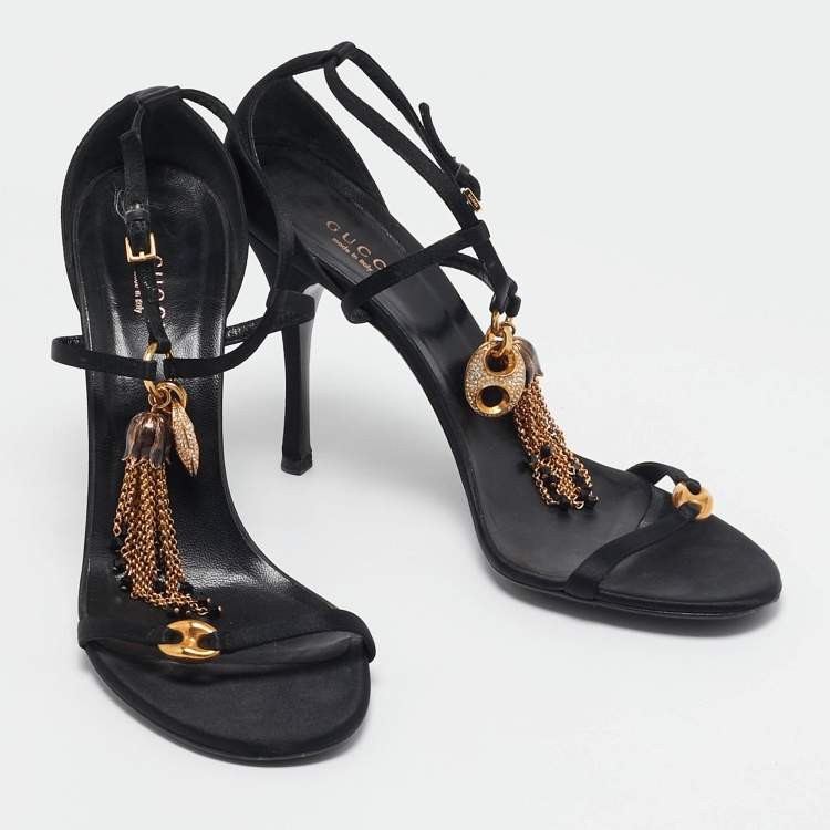 Pre Owned Gucci Black Satin Embellished Ankle Strap Sandals Size 40