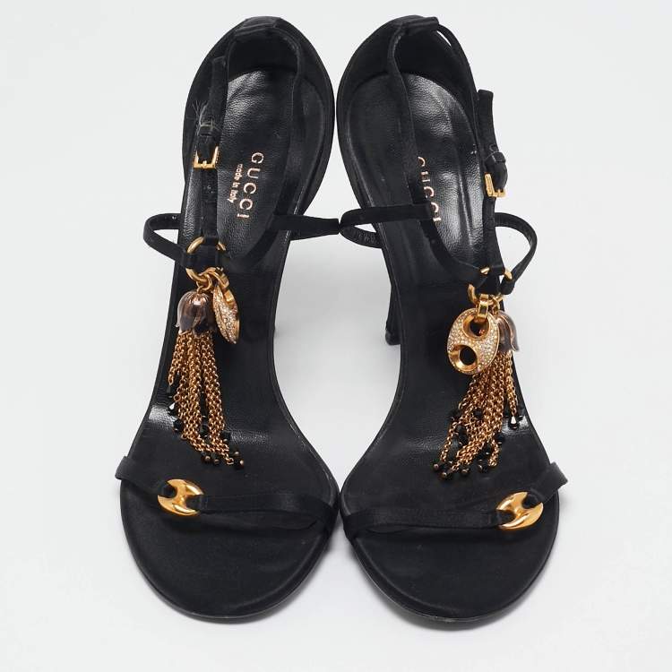 Pre Owned Gucci Black Satin Embellished Ankle Strap Sandals Size 40